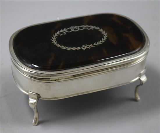 A George V silver and tortoiseshell mounted trinket casket by Charles & Richard Comyns, London, 1918, 14.5cm.